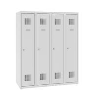 Niższe szafki szatniowe szkolne, 4 słupki, 300 mm, zamek cylindryczny ryglowany w trzech punktach
