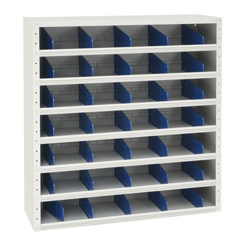Niskie metalowe regały z przegrodą Manutan Expert, 108 x 100 x 20 - 30 cm, 6 półek, szary Niskie metalowe regały z przegrodą Manutan Expert, 108 x 100 x 20 - 30 cm, 6 półek, szary