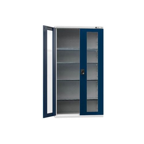 Metalowe szafy warsztatowe SK1 z drzwiami szklanymi, 1950 x 1044 x 625 mm, 4 półki, szare