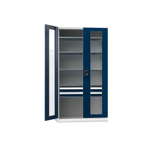 Metalowe szafy warsztatowe SK1 z drzwiami szklanymi, 1950 x 1044 x 625 mm, 4 półki i 2 szuflady, szare Metalowe szafy warsztatowe SK1 z drzwiami szklanymi, 1950 x 1044 x 625 mm, 4 półki i 2 szuflady, szare