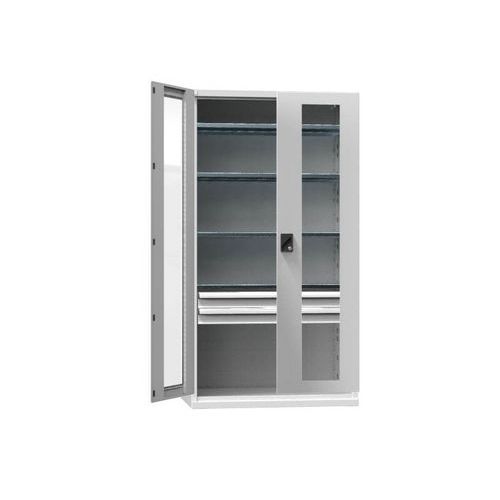 Metalowe szafy warsztatowe SK1 z drzwiami szklanymi, 1950 x 1044 x 625 mm, 4 półki i 2 szuflady, szare