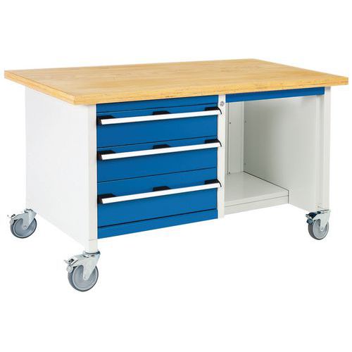 Mobilny stół warsztatowy Bott Cubio Storage, 84 x 150 x 75 cm, 3 szuflady, półki, multipleks/linoleum