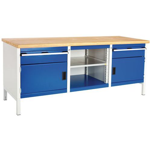 Stół warsztatowy Bott Cubio Storage, 84 x 200 x 75 cm, 2 szafki, 2 szuflady, otwarta przestrzeń z półką