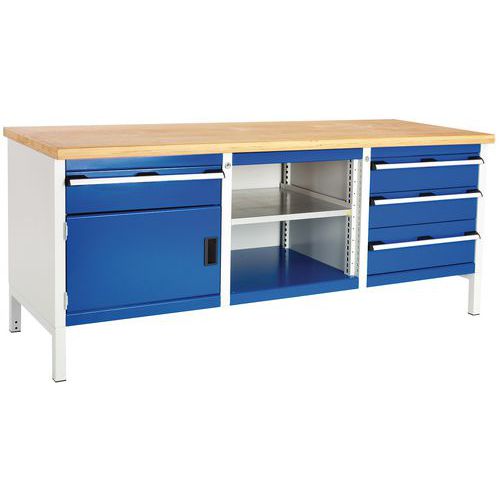 Stół warsztatowy Bott Cubio Storage, 84 x 200 x 75 cm, 1 szafka, 4 szuflady, otwarta przestrzeń z półką