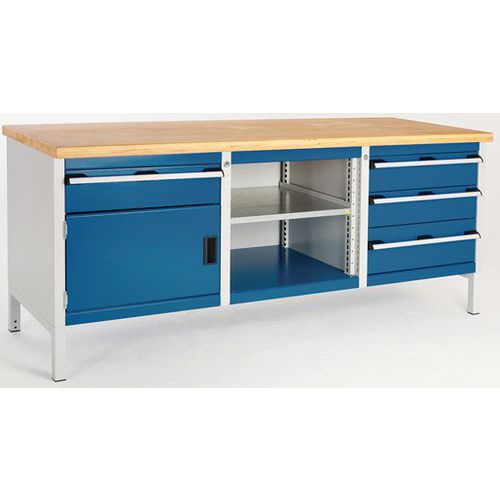 Stół warsztatowy Bott Cubio Storage, 84 x 200 x 75 cm, 1 szafka, 4 szuflady, otwarta przestrzeń z półką