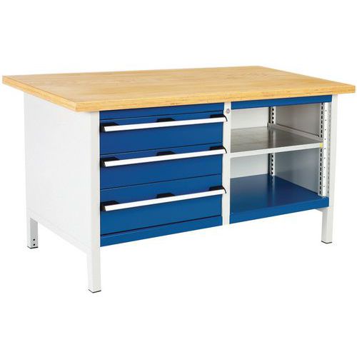 Stół warsztatowy Bott Cubio Storage, 84 x 150 x 75 cm, 3 szuflady, otwarta przestrzeń z półką