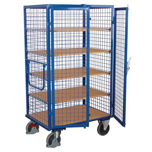 Wysokie wózki szafkowe zamykane na klucz z uchwytem i ściankami z siatki, do 500 kg, 5 półek