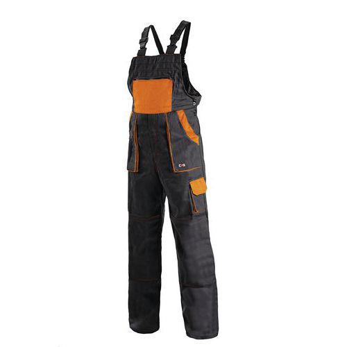 Męskie spodnie monterskie z napierśnikiem CXS, czarne/pomarańczowe