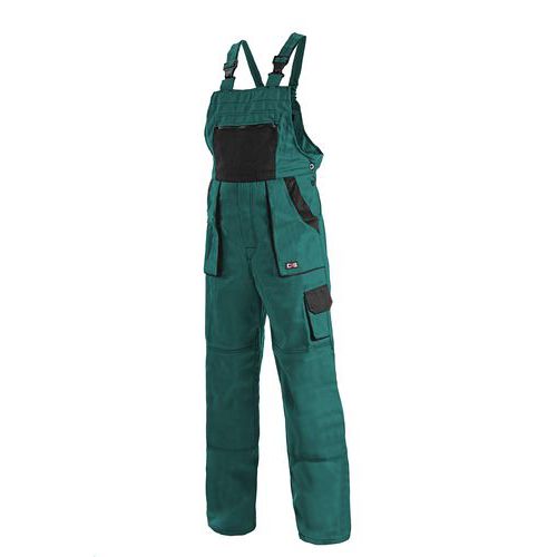 Męskie spodnie monterskie CXS z napierśnikiem, zielone/czarne