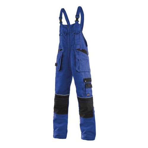 Męskie spodnie monterskie CXS z napierśnikiem i elementami odblaskowymi, niebieskie/czarne
