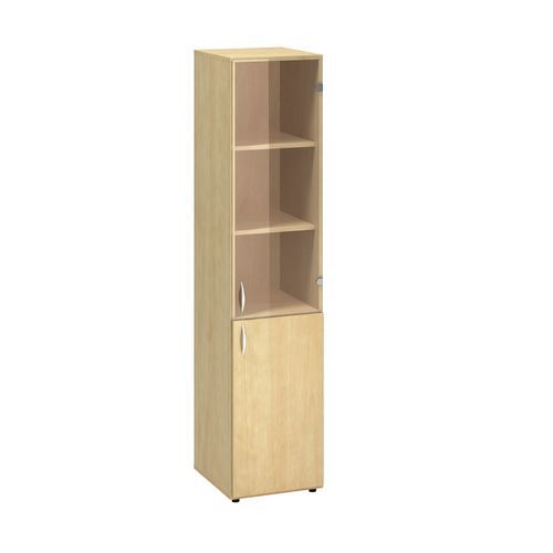 Szafki wysokie wąskie Alfa 500, 178 x 40 x 47 cm, z drzwiczkami szklanymi i z płyty wiórowej – wersja prawa