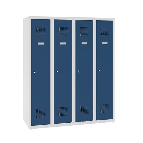 Niższe szafki szatniowe szkolne, 4 słupki, 300 mm, zamek cylindryczny ryglowany w trzech punktach