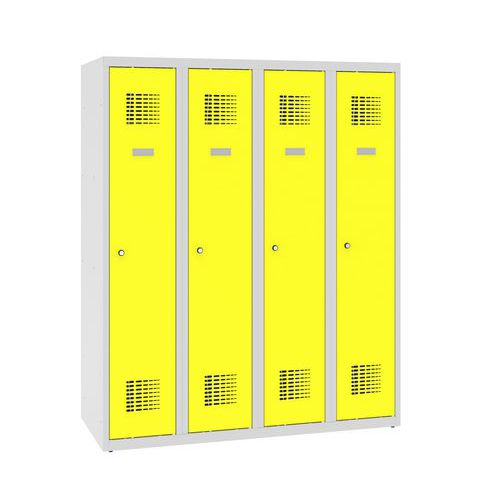 Niższe szafki szatniowe szkolne, 4 słupki, 300 mm, zamek cylindryczny ryglowany w trzech punktach