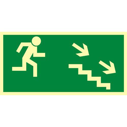 Kierunek do wyjścia drogi ewakuacyjnej schodami w dół w prawo