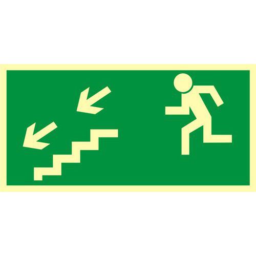 Kierunek do wyjścia drogi ewakuacyjnej schodami w dół w lewo