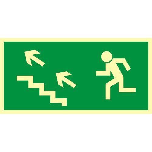 Kierunek do wyjścia drogi ewakuacyjnej schodami w górę w lewo