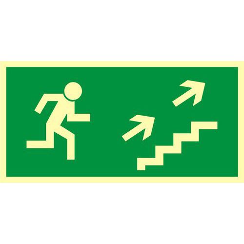 Kierunek do wyjścia drogi ewakuacyjnej schodami w górę w prawo