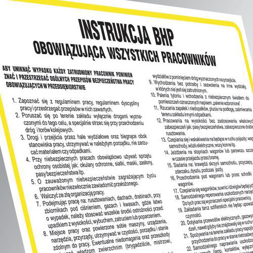 Instrukcja ogólna BHP obowiązująca wszystkich pracowników 24,5 X 35 nieświec. płyta cienka PCV