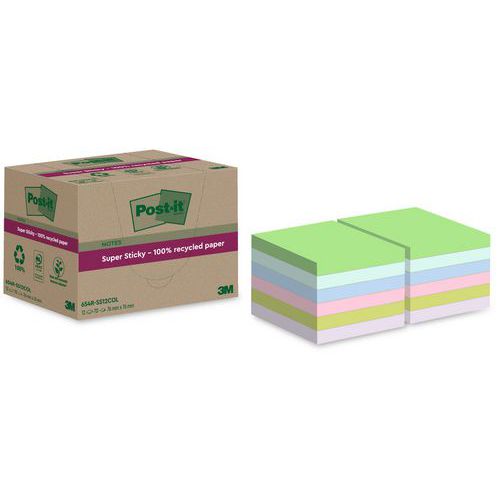 Super Sticky Post-it® samoprzylepne karteczki z recyklingu, różne kolory, 76×76 mm, 12 bloków