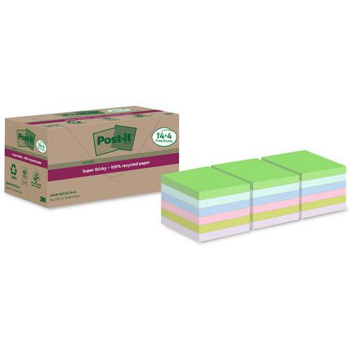 Super Sticky Post-it® samoprzylepne karteczki z recyklingu, różne kolory, 76×76 mm, 18 bloków