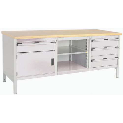 Stół warsztatowy Bott Cubio Storage, 84 x 200 x 75 cm, 1 szafka, 4 szuflady, otwarta przestrzeń z półką