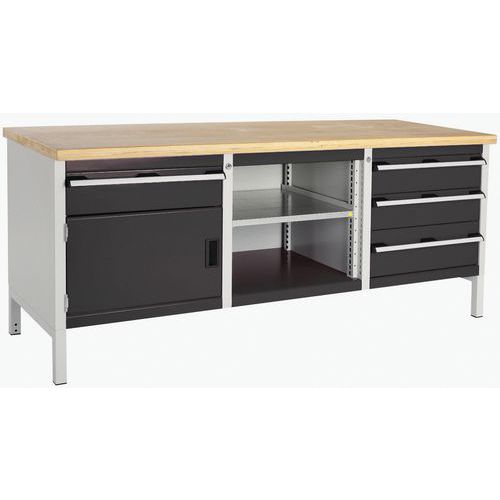 Stół warsztatowy Bott Cubio Storage, 84 x 200 x 75 cm, 1 szafka, 4 szuflady, otwarta przestrzeń z półką