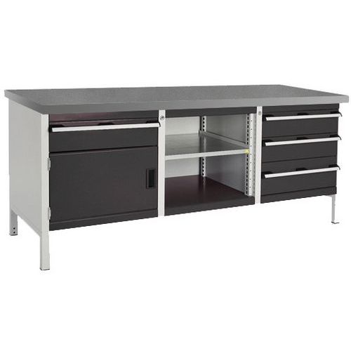 Stół warsztatowy Bott Cubio Storage, 84 x 200 x 75 cm, 1 szafka, 4 szuflady, otwarta przestrzeń z półką