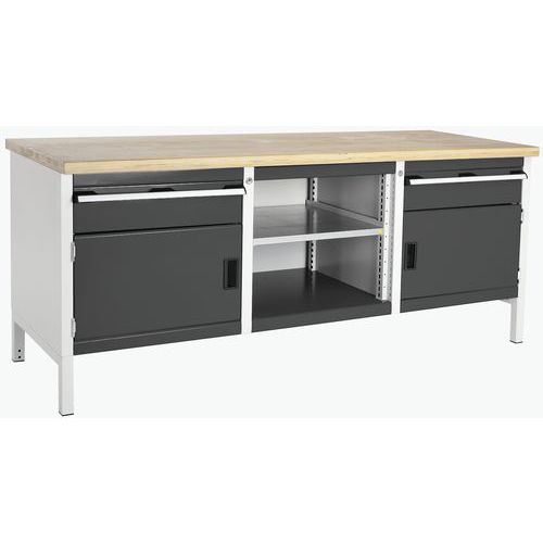 Stół warsztatowy Bott Cubio Storage, 84 x 200 x 75 cm, 2 szafki, 2 szuflady, otwarta przestrzeń z półką