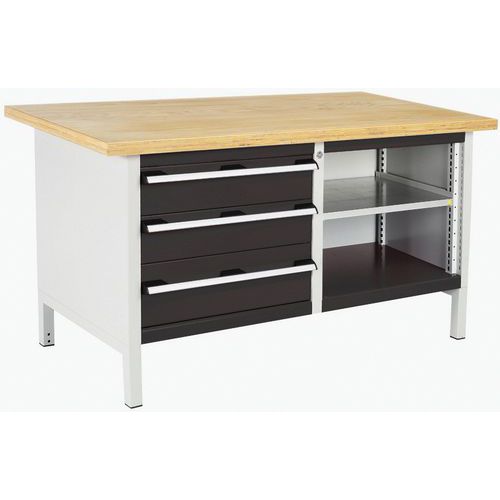 Stół warsztatowy Bott Cubio Storage, 84 x 150 x 75 cm, 3 szuflady, otwarta przestrzeń z półką