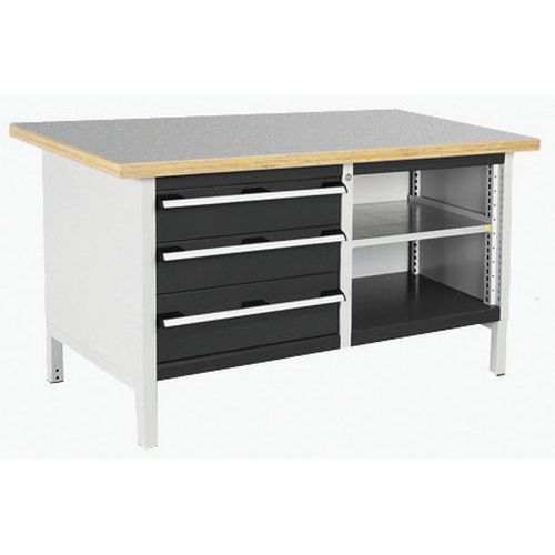 Stół warsztatowy Bott Cubio Storage, 84 x 150 x 75 cm, 3 szuflady, otwarta przestrzeń z półką