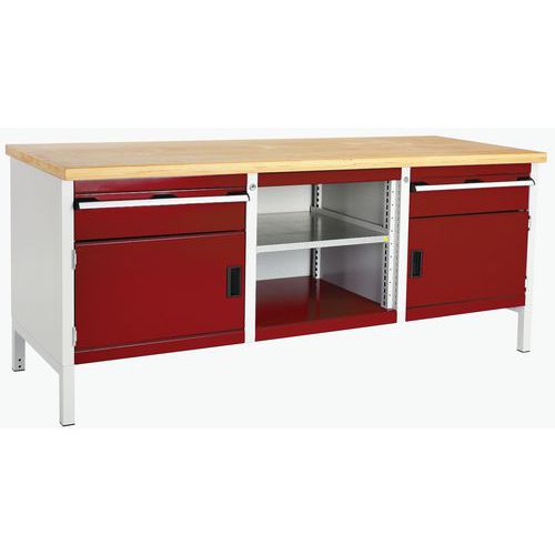 Stół warsztatowy Bott Cubio Storage, 84 x 200 x 75 cm, 2 szafki, 2 szuflady, otwarta przestrzeń z półką
