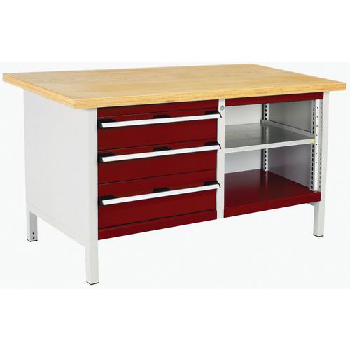 Stół warsztatowy Bott Cubio Storage, 84 x 150 x 75 cm, 3 szuflady, otwarta przestrzeń z półką
