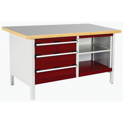 Stół warsztatowy Bott Cubio Storage, 84 x 150 x 75 cm, 3 szuflady, otwarta przestrzeń z półką