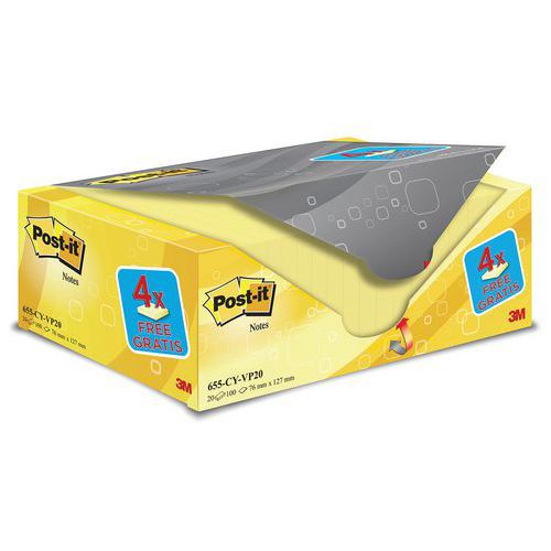 Bloczek samoprzylepny POST-IT® (655CY-VP20), 127x76mm, 20x100 kart., żółte, 4 bloczki GRATIS