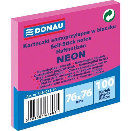 Bloczek samoprzylepny DONAU, 76x76mm, 1x100 kart., neon