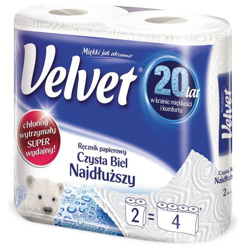 Ręczniki w roli celulozowe VELVET Najdłuższy, 2-warstwowe, 90 listków, 2szt., białe
