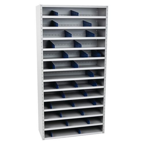 Regały metalowe z przegrodą Manutan Expert, 198 x 100 x 20 - 40 cm, 12 półek, szare