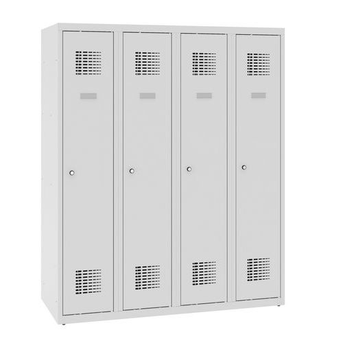 Niższe szafki szatniowe szkolne, 4 słupki, 300 mm, zamek cylindryczny