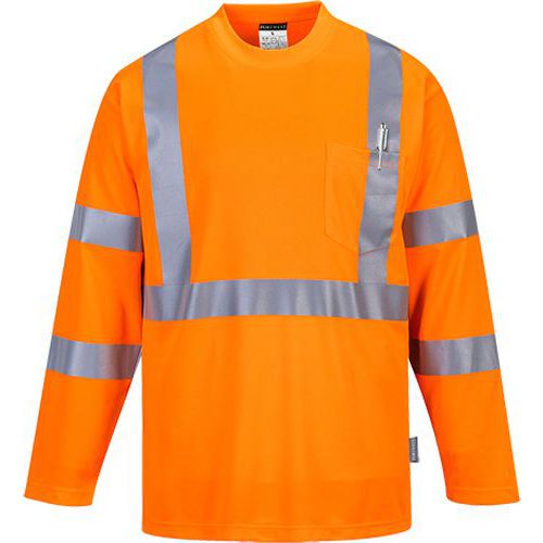 T-shirt ostrzegawczy z długimi rękawami i kieszonką, pomarańczowy