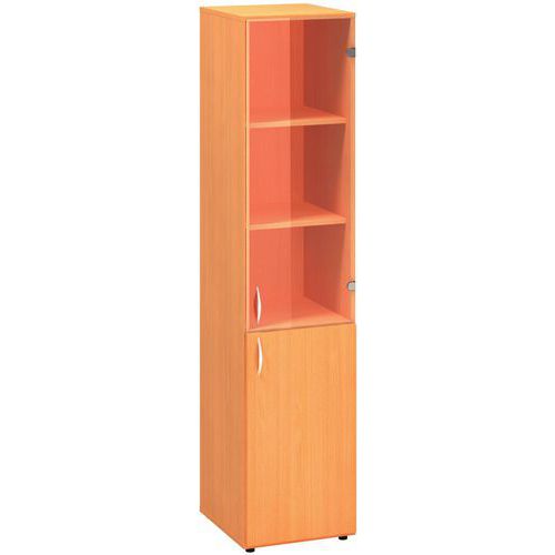 Szafki wysokie wąskie Alfa 500, 178 x 40 x 47 cm, z drzwiczkami szklanymi i z płyty wiórowej – wersja prawa