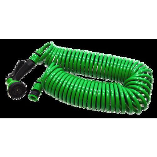 TOPTRADE wąż ogrodowy, spiralny, plastikowy pistolet – rozpylacz, 7 funkcji, do szybkozłączek, zestaw, 15 m