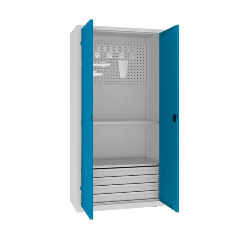Szafki warsztatowe metalowe z panelami perforowanymi, 199 x 100 x 50 cm, 4 szuflady