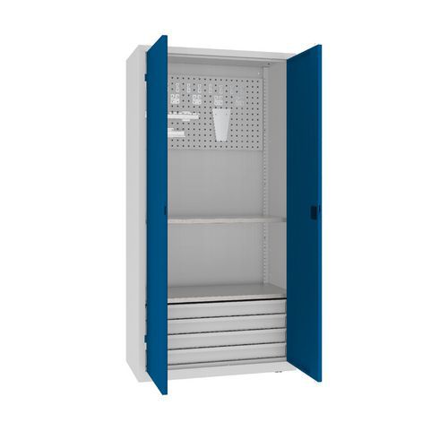 Szafki warsztatowe metalowe z panelami perforowanymi, 199 x 100 x 50 cm, 4 szuflady
