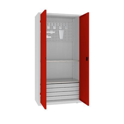 Szafki warsztatowe metalowe z panelami perforowanymi, 199 x 100 x 50 cm, 4 szuflady