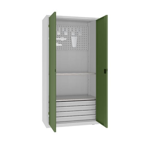 Szafki warsztatowe metalowe z panelami perforowanymi, 199 x 100 x 50 cm, 4 szuflady