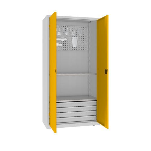 Szafki warsztatowe metalowe z panelami perforowanymi, 199 x 100 x 50 cm, 4 szuflady