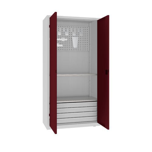 Szafki warsztatowe metalowe z panelami perforowanymi, 199 x 100 x 50 cm, 4 szuflady