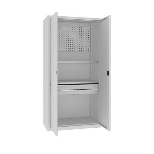 Szafki warsztatowe metalowe z panelami perforowanymi, 199 x 100 x 50 cm, 2 szuflady