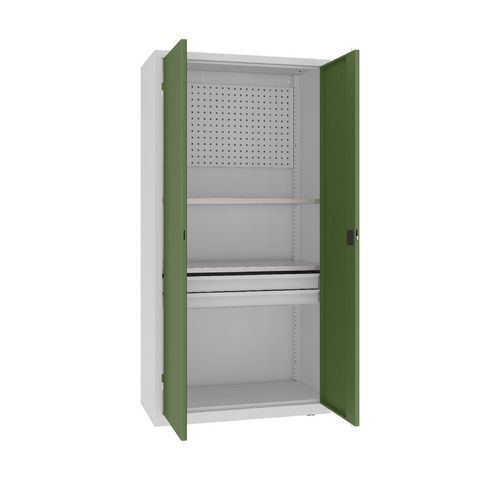 Szafki warsztatowe metalowe z panelami perforowanymi, 199 x 100 x 50 cm, 2 szuflady