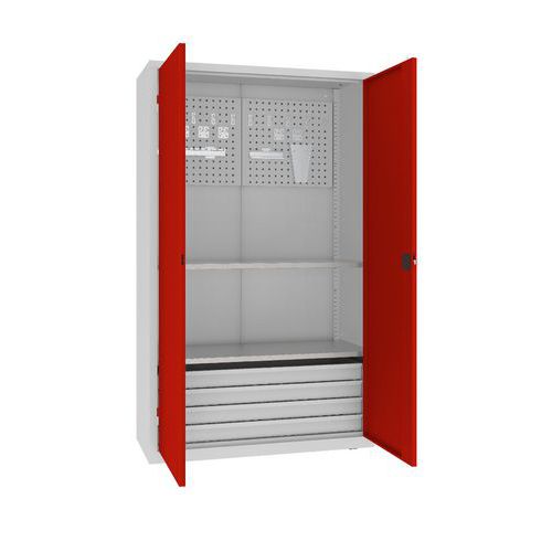 Szafki warsztatowe metalowe z panelami perforowanymi, 199 x 120 x 50 cm, 4 szuflady